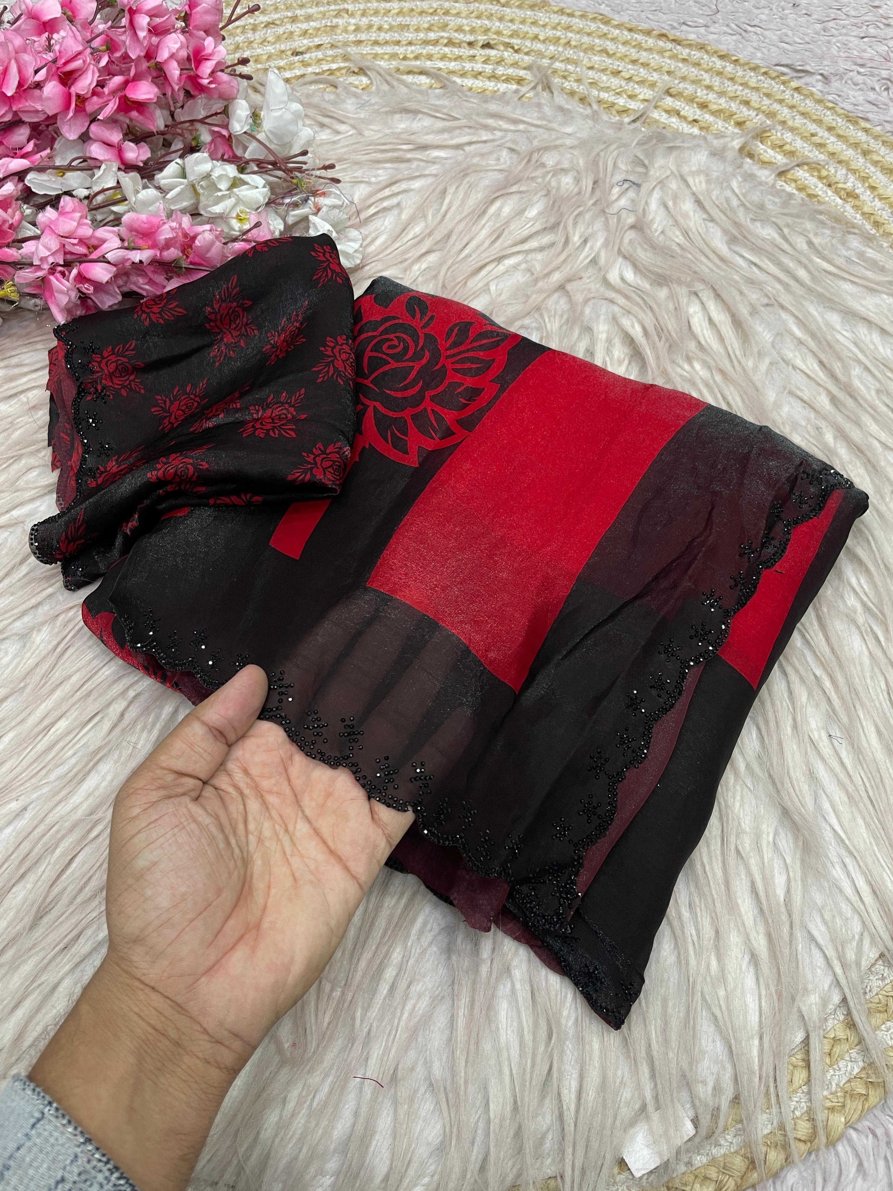 Scarlet Rose Space Silk Digital Floral Jarkan Work Saree
